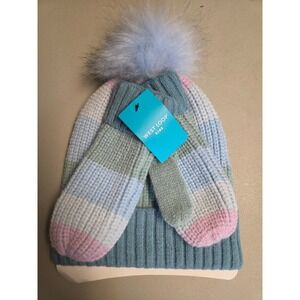 West Loop Kids Knit Hat and Mittens Set Blue Green Pink Striped Pom Beanie NWT